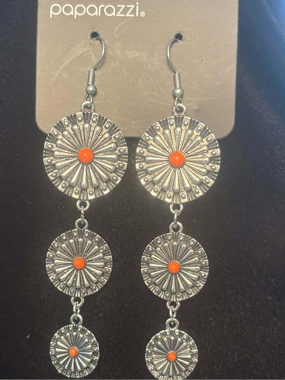 paparazzi Silver-Tone Triple Medallion Earrings with Orange Accents